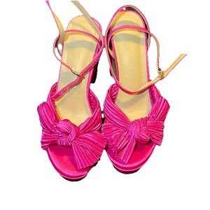 Amoji Women's Satin Block Heeled 3 Inch-4 Inch Sandal Bowknot Pleated Ankle Sz 7